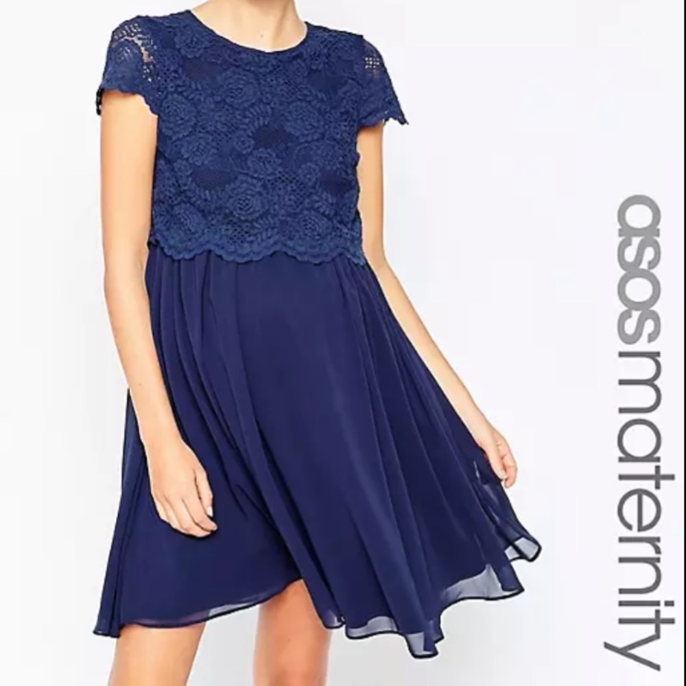 NWT ASOS Maternity Chiffon Lace Navy Dress - 16